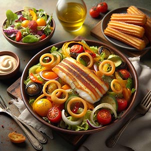 un plato de Ensalada, plato Ratatouille, plato bacalao al horno y Churros